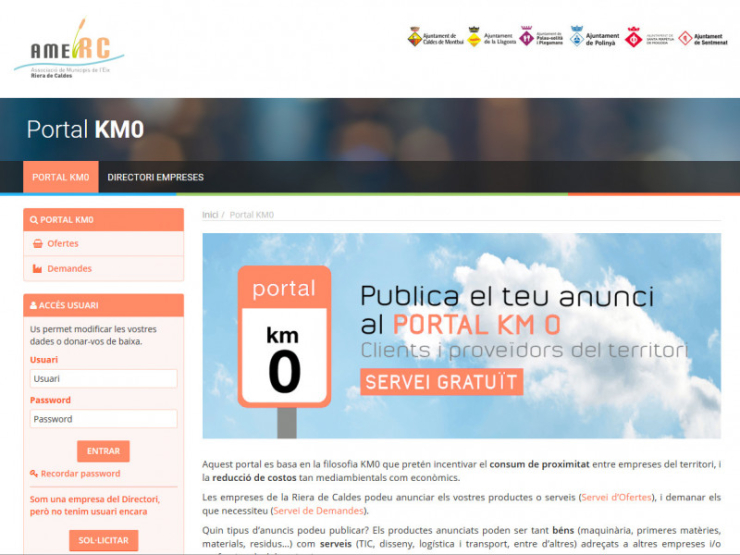 Captura de pantalla del Portal KM0 i del Directori d'empreses de l'Eix Riera de Caldes.