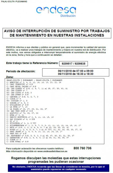 Cartell informatiu del tall de subministrament pel 6 de novembre