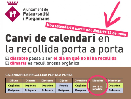 Nou calendari setmanal de la recollida porta a porta.