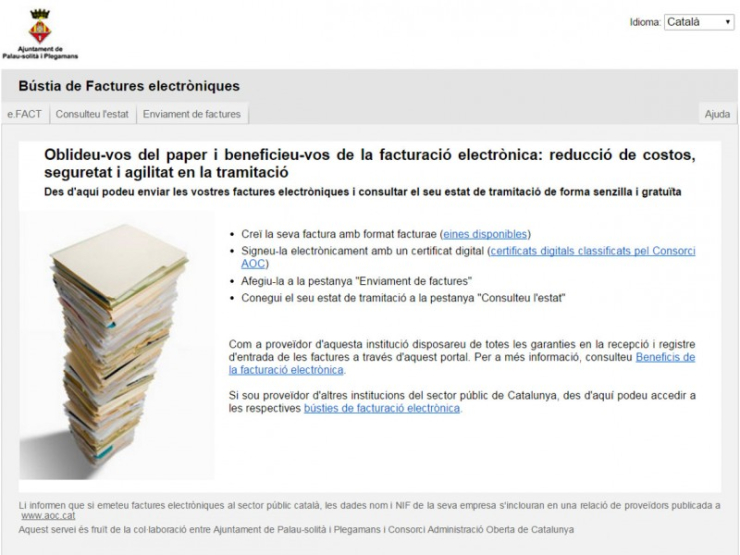 Captura de pantalla de la Bústia de factures electròniques eFACT.