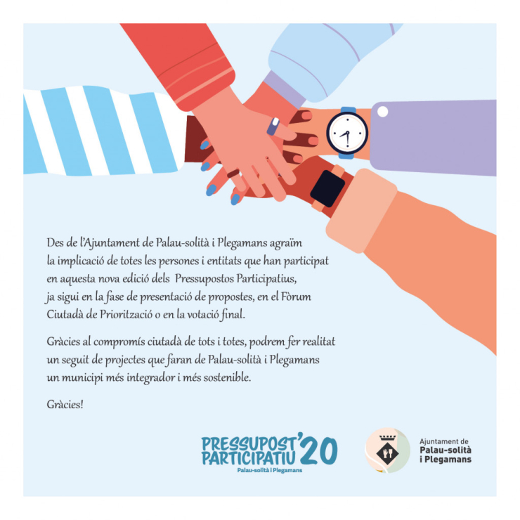 Missatge gratitud Ajuntament Pressupost participatiu 2020