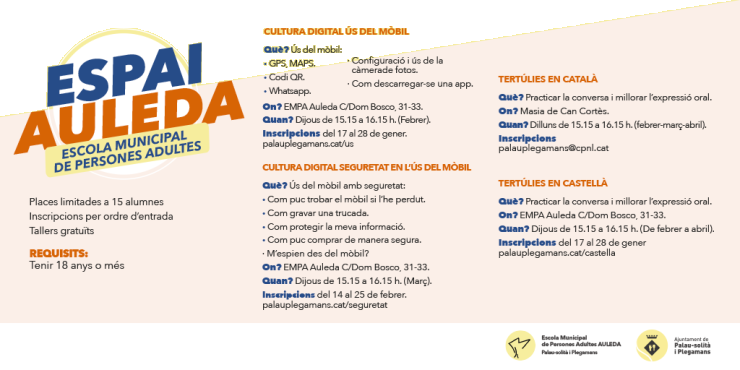 L’Escola Municipal de Persones Adultes ‘Auleda’ ofereix quatre nous cursos