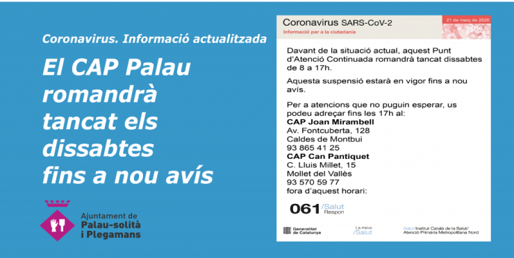 Avís tancament dissabte del CAP Palau