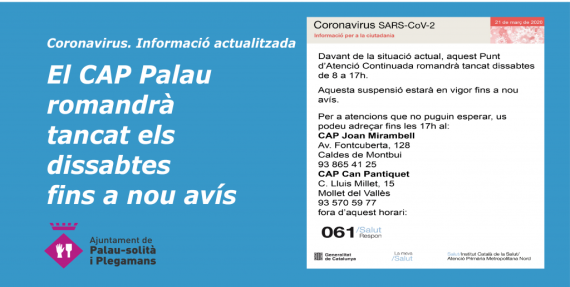 Avís tancament dissabte del CAP Palau