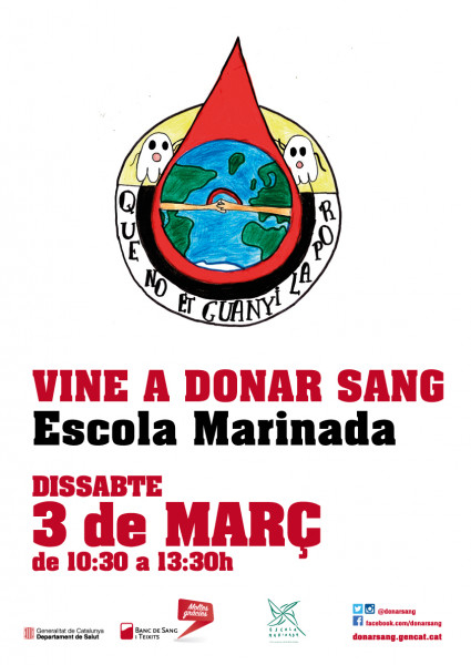 Cartell "Vine a donar sang" a l'Escola Marinada