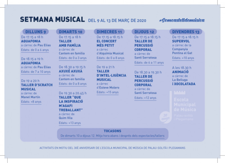 Calendari activitats aniversari Escola Municipal de Música.