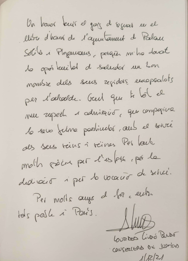 Visita consellera de Justícia, Lourdes Ciuró. Text del Llibre d'Honor