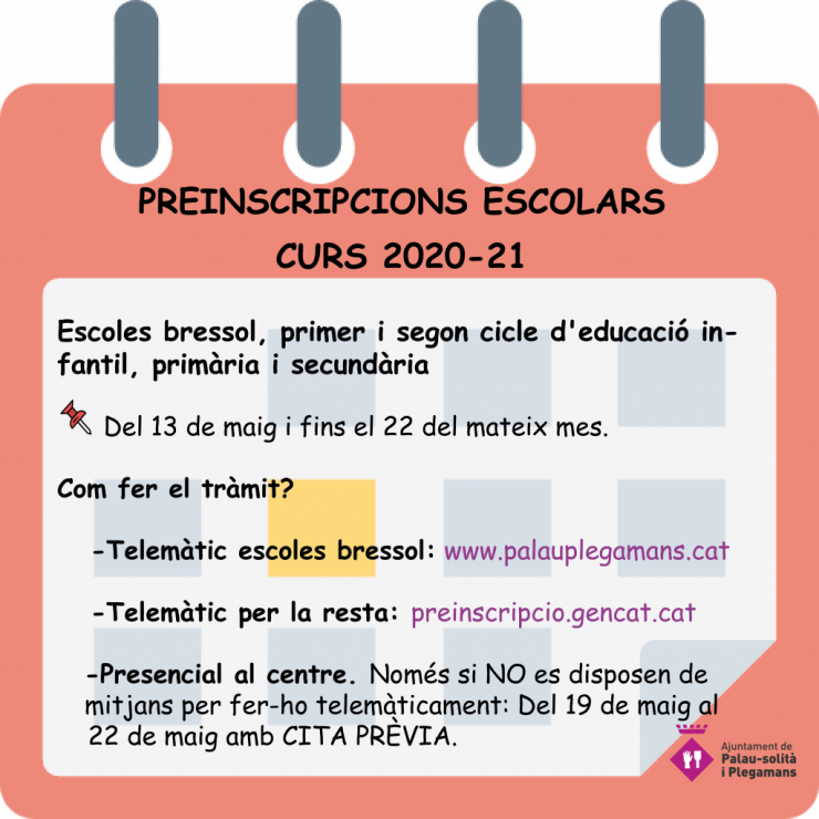 Preinscripcions escoles bressol, infantil, primària, secundària