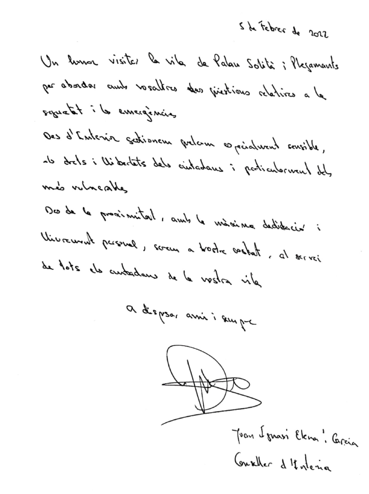 Text del conseller Joan Ignasi Elena al Llibre d'Honor de l'Ajuntament