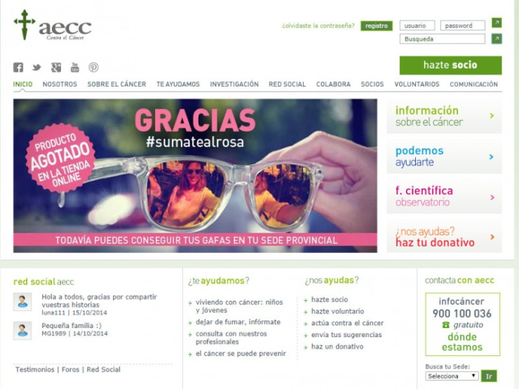 Captura de pantalla del web de l'Associació Espanyola Contra el Càncer.